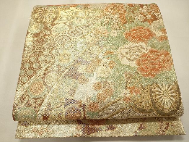 平和屋着物◎六通柄袋帯 宝珠佐賀錦 九百錦 花車文 金糸 逸品 CAAI0281oy