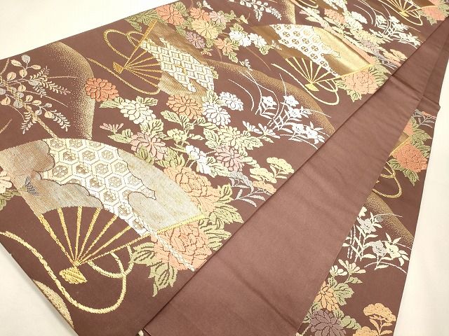 平和屋着物◎六通柄袋帯 扇面草花文 金糸 逸品 CAAI0291oy