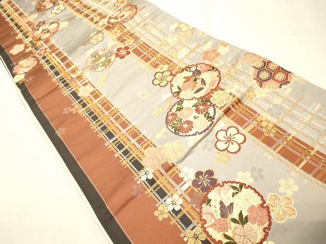 平和屋着物◎六通柄袋帯 雪輪草花文 金糸 逸品 CAAI0353oy