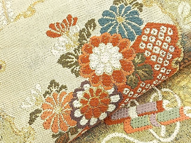 平和屋着物●六通柄袋帯 唐織 献上秀宝文 金糸 逸品 BAAK2669ea