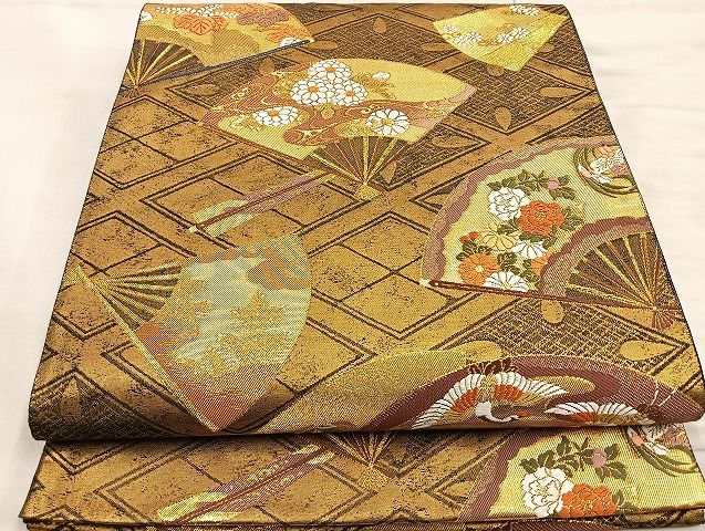 平和屋着物●六通柄袋帯 唐織 菱天井扇面花鳥文 黒地 金糸 逸品 BAAK6613ea