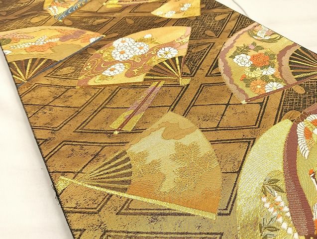 平和屋着物●六通柄袋帯 唐織 菱天井扇面花鳥文 黒地 金糸 逸品 BAAK6613ea