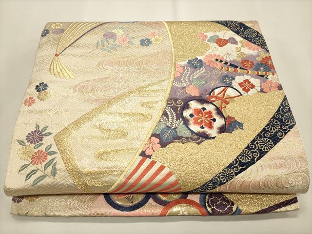 平和屋着物◎六通柄袋帯 唐織 観世水扇面文 金糸 逸品 CAAH5693qe