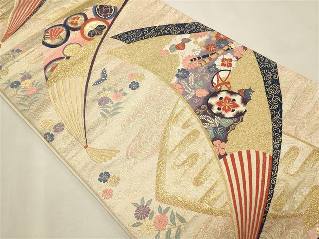 平和屋着物◎六通柄袋帯 唐織 観世水扇面文 金糸 逸品 CAAH5693qe