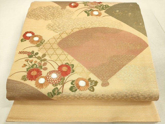 平和屋着物◎太鼓柄袋帯 紬地 刺繍 扇面草花文 金糸 逸品 DAAJ2582mz