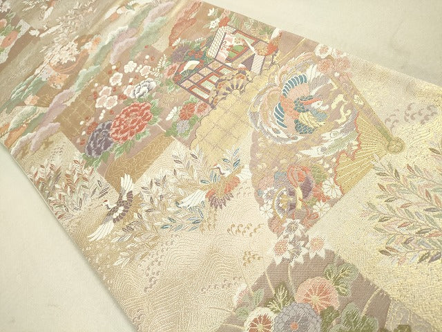 平和屋着物◎六通柄袋帯 檜扇飛鶴花松文 金糸 逸品 DAAJ2581mz