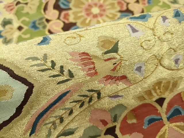 平和屋本店■極上 明綴れ 全通柄袋帯 正倉院花鳥文 金糸 逸品 CZAA1031s4