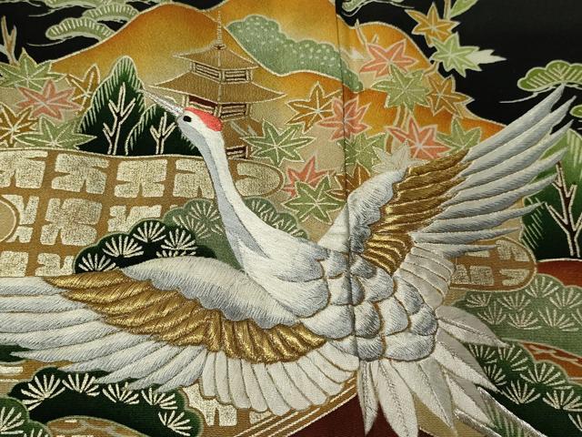 平和屋着物■豪華黒留袖 刺繍 飛鶴風景文 金銀糸 逸品 CAAI2201id