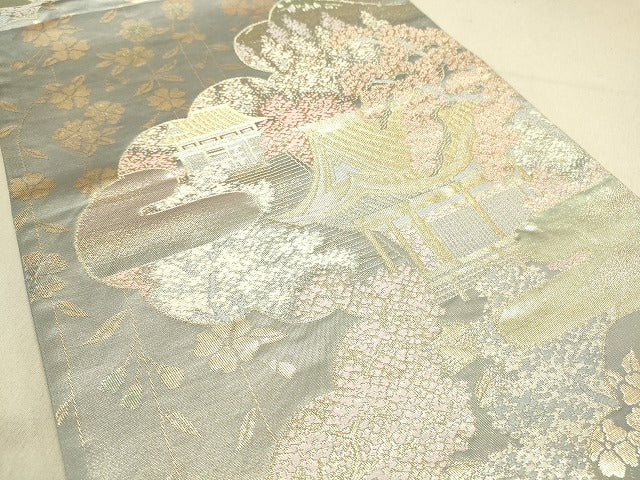 平和屋着物◎六通柄袋帯 風景花文 金銀糸 逸品 DAAJ4057re