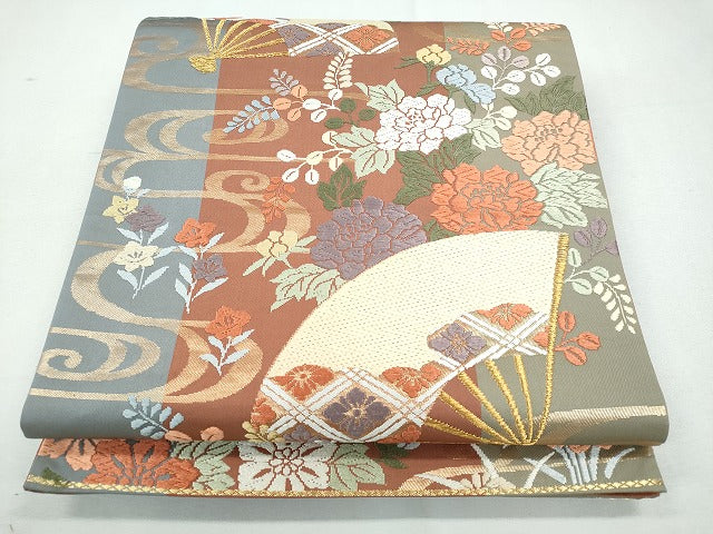 平和屋着物◎六通柄袋帯 流水扇面草花文 金糸 逸品 CAAI3755ku