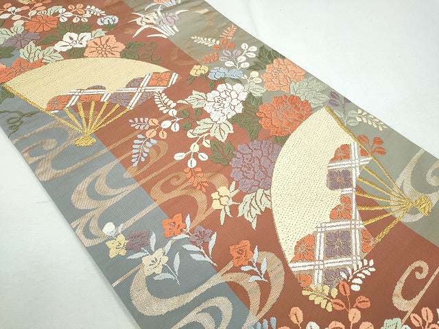 平和屋着物◎六通柄袋帯 流水扇面草花文 金糸 逸品 CAAI3755ku