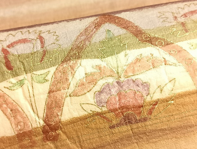 平和屋着物●太鼓柄袋帯 手描き 和紙 横段花文 金彩 逸品 BAAJ2555et