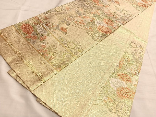平和屋着物◎宝珠本佐賀錦 六通柄袋帯 九百錦束ね熨斗花車文 金糸 正絹 逸品 BAAK0945du