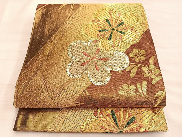 平和屋着物◎六通柄袋帯 唐織 竹梅 黒地 金糸 正絹 逸品 BAAK0947du