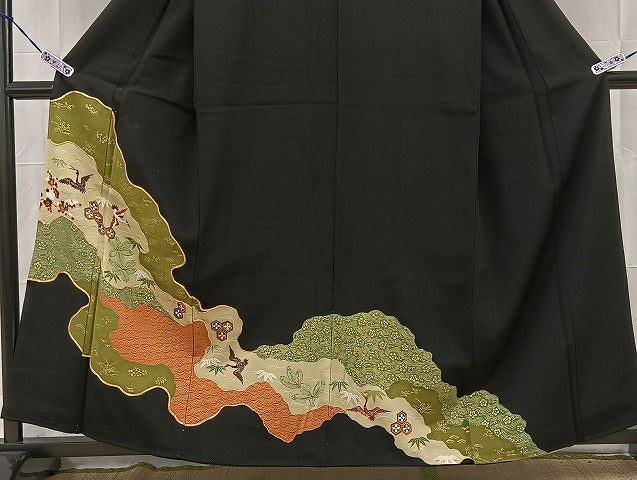 平和屋着物■豪華黒留袖 駒刺繍 道長花鳥文 金彩 逸品 BAAK9291yc