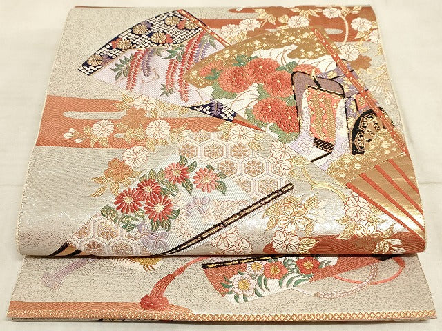 平和屋着物◎六通柄袋帯 唐織 鴛鴦 扇面御所車花文 金糸 正絹 逸品 AAAM3175sx