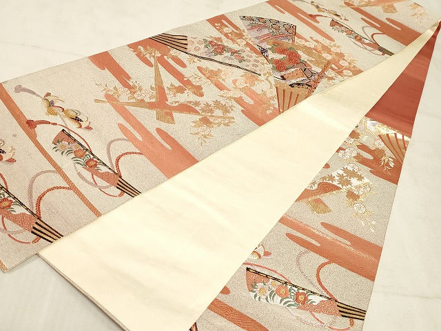 平和屋着物◎六通柄袋帯 唐織 鴛鴦 扇面御所車花文 金糸 正絹 逸品 AAAM3175sx