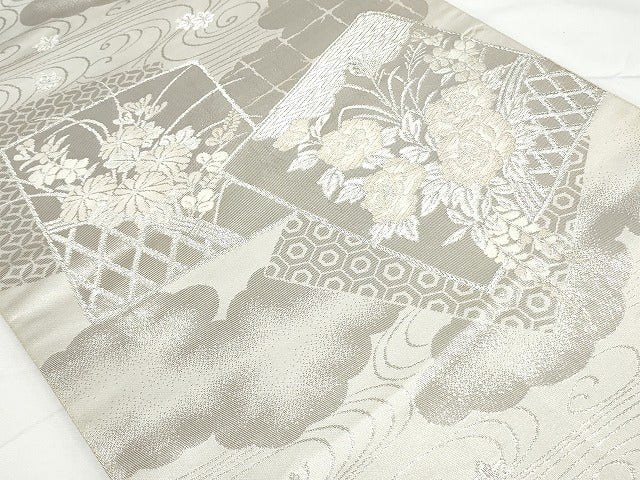 平和屋着物◎六通柄袋帯 美保姿 唐織 色紙花籬文 銀糸 正絹 逸品 AAAM4426ru