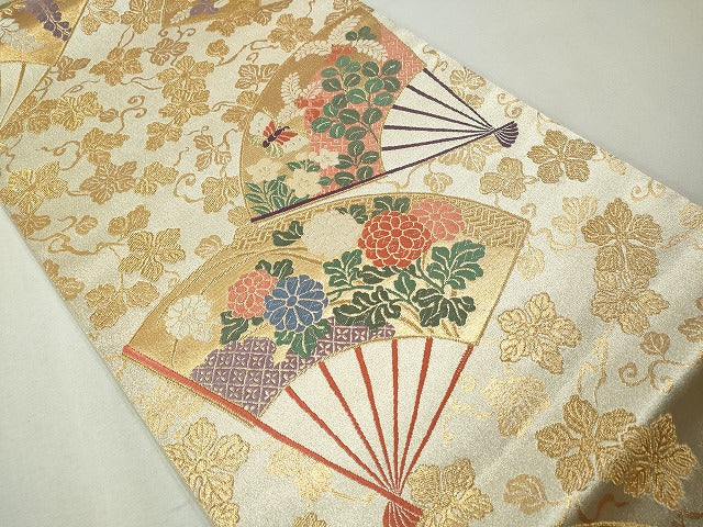 平和屋着物◎六通柄袋帯 唐織 扇面花蝶文 金糸 正絹 逸品 CAAI3949ku