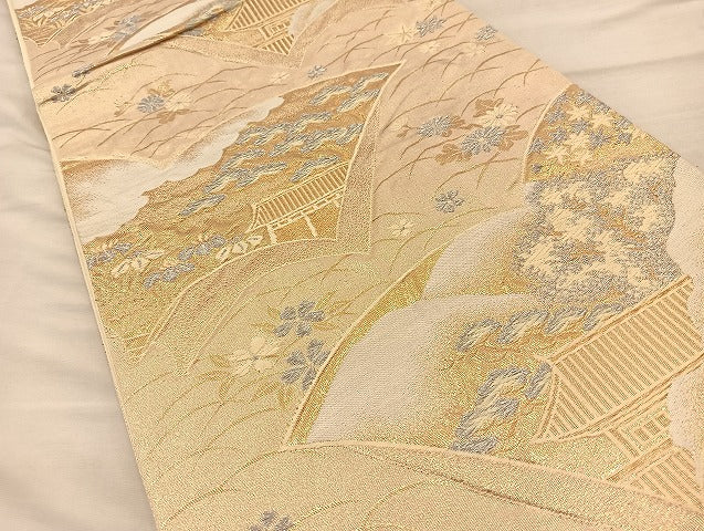 平和屋着物◎六通柄袋帯 唐織 冊子風景花文 金銀糸 正絹 逸品 BAAI6757di
