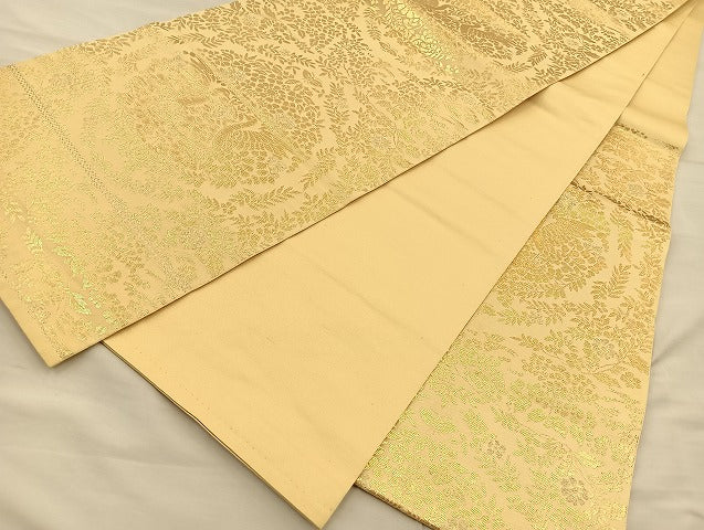 平和屋着物◎六通柄 本袋帯 向かい鳥草花文 金糸 正絹 逸品 BAAI6767di