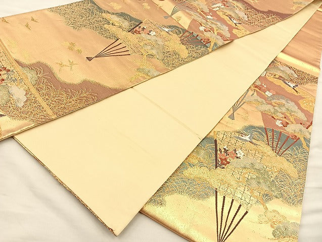 平和屋着物◎六通柄袋帯 唐織 扇面花鳥文 金糸 正絹 逸品 BAAI6774di