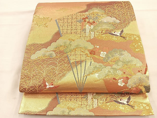平和屋着物◎六通柄袋帯 唐織 扇面花鳥文 金糸 正絹 逸品 BAAI6774di