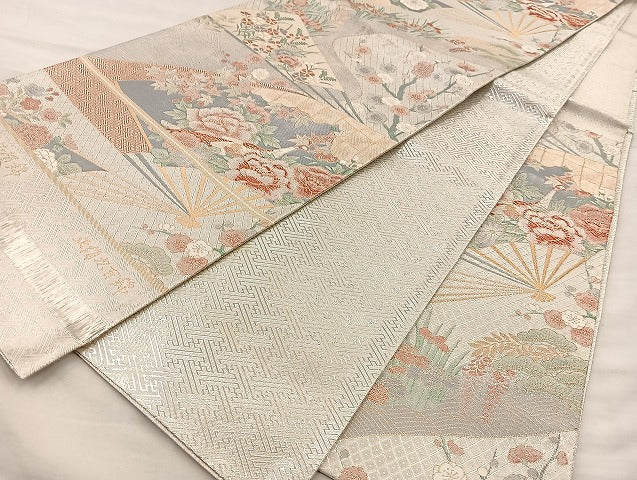 平和屋着物◎宝珠本佐賀錦 六通柄袋帯 扇面孔雀花文 正絹九百錦 金銀糸 正絹 逸品 BAAI6778di