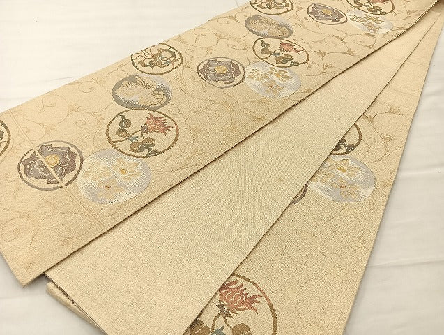 平和屋着物◎佐賀錦 六通柄袋帯 ふくれ織り 花丸文 金糸 正絹 逸品 BAAK3576if