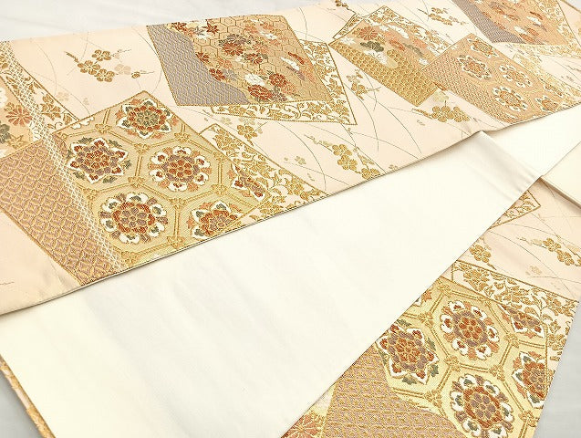 平和屋着物◎六通柄袋帯 色紙有職花文 金糸 正絹 逸品 BAAK6181cm