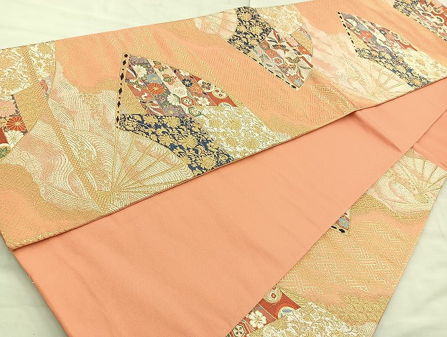 平和屋着物◎六通柄袋帯 唐織 扇面松皮崩文 金糸 正絹 逸品 BAAK6182cm