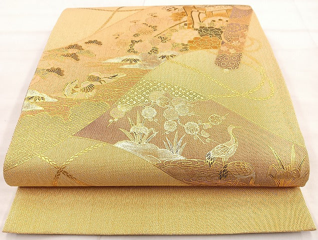 平和屋着物◎太鼓柄袋帯 花鳥絵巻 金彩 正絹 逸品 BAAK8707cm