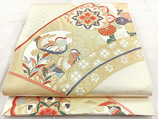平和屋着物◎六通柄袋帯 唐織 鴛鴦花丸文 金糸 正絹 逸品 BAAK8602cm