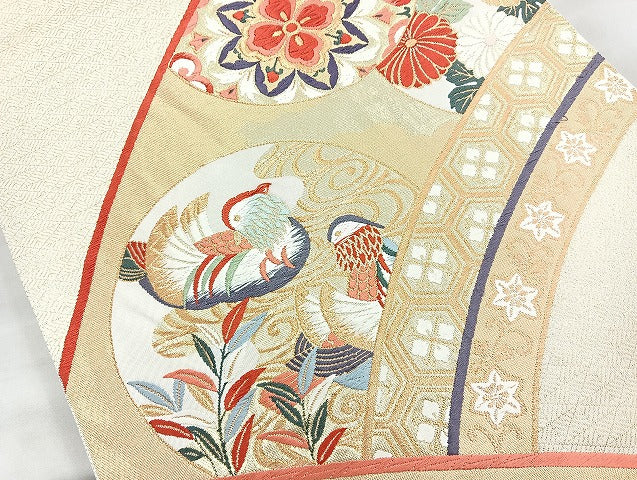平和屋着物◎六通柄袋帯 唐織 鴛鴦花丸文 金糸 正絹 逸品 BAAK8602cm