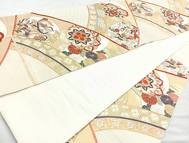 平和屋着物◎六通柄袋帯 唐織 鴛鴦花丸文 金糸 正絹 逸品 BAAK8602cm