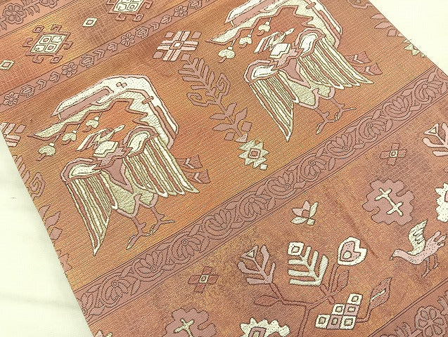 平和屋着物◎六通柄袋帯 唐織 更紗花鳥文 手織 引箔 正絹 逸品 BAAK8632cm