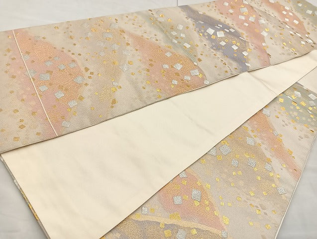 平和屋着物◎六通柄袋帯 遠山箔散らし 金銀糸 正絹 逸品 BAAK8628cm