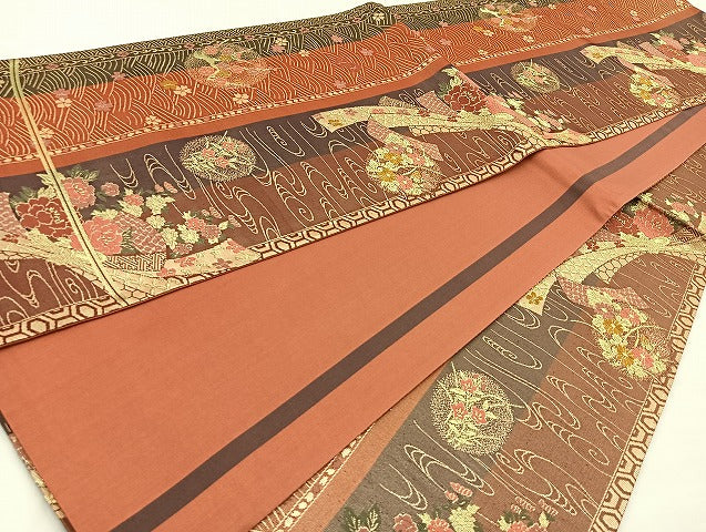 平和屋着物◎全通柄袋帯 唐織 束ね熨斗花文 金糸 正絹 逸品 BAAK8618cm