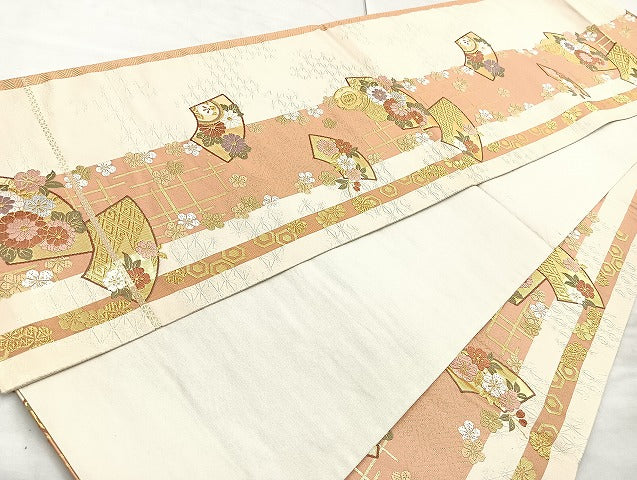 平和屋着物◎六通柄袋帯 唐織 地紙花鼓文 金糸 正絹 逸品 BAAK8654cm