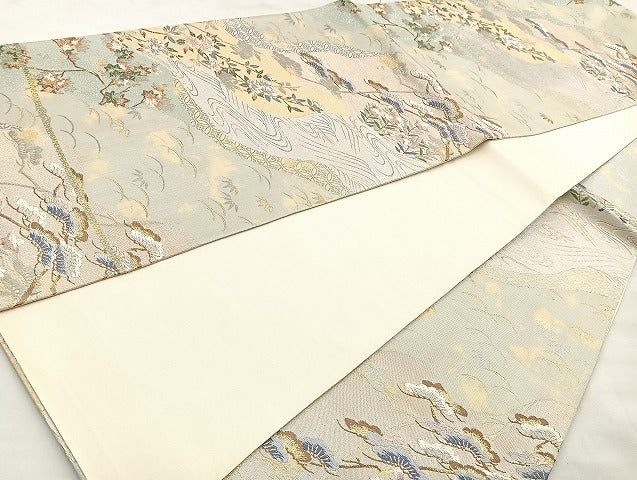 平和屋着物◎六通柄袋帯 唐織 道長草花文 金銀糸 正絹 逸品 BAAK8656cm