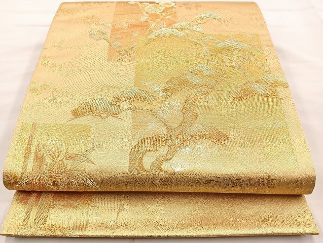 平和屋着物◎六通柄袋帯 色紙取松竹梅文 金糸 正絹 逸品 BAAK8667cm