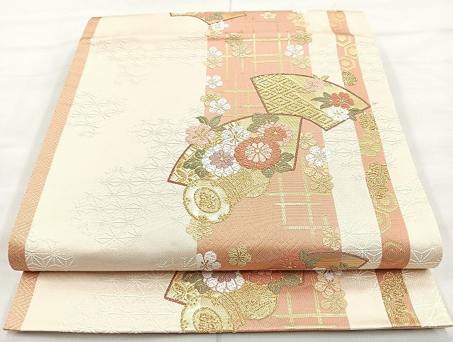 平和屋着物◎六通柄袋帯 唐織 地紙花鼓文 金糸 正絹 逸品 BAAK8654cm