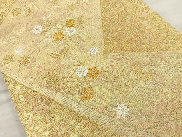 平和屋着物◎六通柄袋帯 秋草文 金糸 正絹 逸品 BAAK8680cm