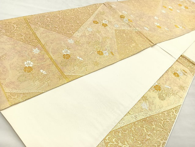 平和屋着物◎六通柄袋帯 秋草文 金糸 正絹 逸品 BAAK8680cm