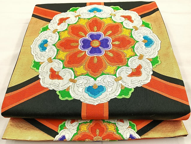 平和屋着物◎六通柄袋帯 唐織 正倉院蜀江文様 黒地 金糸 正絹 逸品 BAAK8687cm
