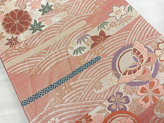 平和屋着物◎六通柄袋帯 唐織 エ霞花蝶文 金糸 正絹 逸品 BAAK8726cm