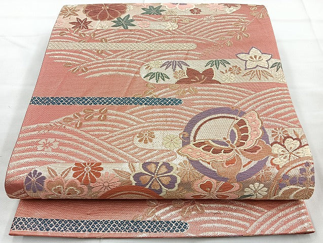 平和屋着物◎六通柄袋帯 唐織 エ霞花蝶文 金糸 正絹 逸品 BAAK8726cm