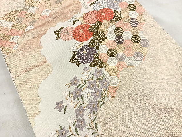 平和屋着物◎六通柄袋帯 唐織 道長吉祥花文 金糸 正絹 逸品 BAAK8737cm