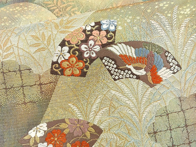 平和屋着物◎六通柄袋帯 唐織 遠山扇面紋 金糸 正絹 逸品 BAAK8759cm