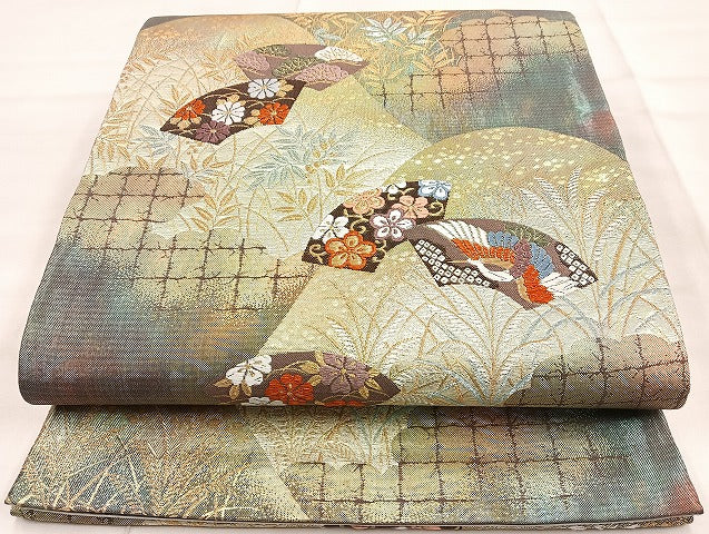 平和屋着物◎六通柄袋帯 唐織 遠山扇面紋 金糸 正絹 逸品 BAAK8759cm